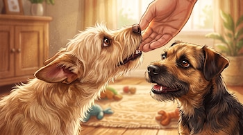 Ilustración de dos perros de pelaje marrón y una mano humana extendida en el suelo de una habitación.