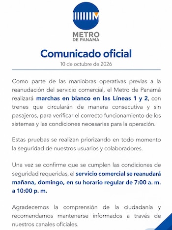 El sistema ferroviario prevé operar en su horario habitual de siete a diez de la noche si las revisiones técnicas resultan satisfactorias. (Cortesía: Metro de Panamá)