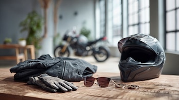 Accesorios de seguridad para motociclista, chamarra negra, casco, guantes, lentes – (Imagen Ilustrativa Infobae)