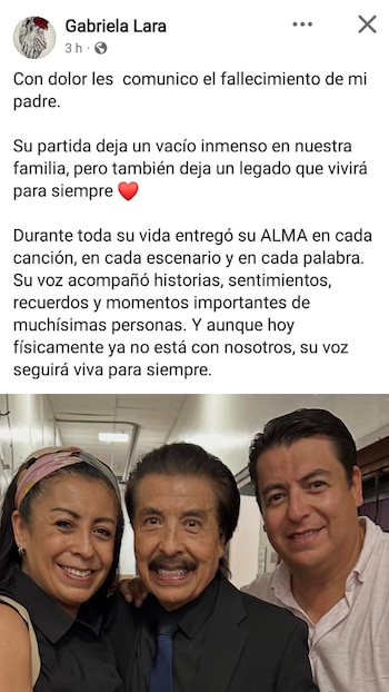 Captura de una publicación de Gabriela Lara en redes sociales con un texto. Debajo, una foto de ella sonriendo junto a su padre y otro hombre