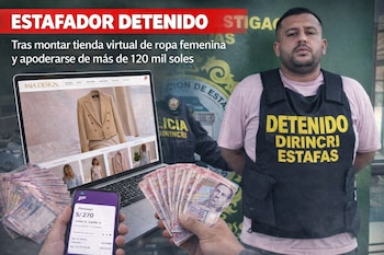 Hombre detenido con chaleco policial y texto "ESTAFAS", frente a laptop mostrando tienda virtual, billetes peruanos y un celular con transacción.