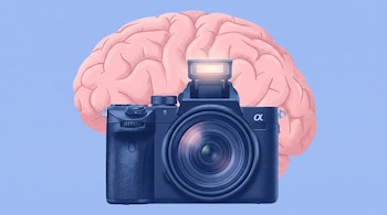 Ilustración digital: un cerebro rosado en el fondo, una cámara azul oscuro con flash brillante en primer plano, sobre un fondo azul pastel liso.