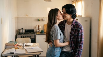 Una joven mujer y un joven hombre se besan mientras se abrazan en una cocina. En primer plano, una mesa con libros, cuadernos y un mate