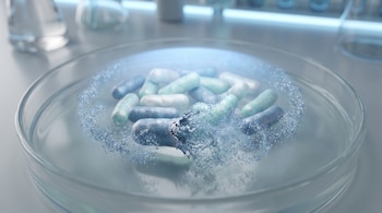 Placa de Petri contiene colonia de bacterias Escherichia coli; una célula se rompe liberando una nube azulada de enzima.