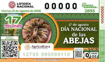Billete de la Lotería Nacional de México con logo, fecha 21 de agosto de 2026, premio de 17 millones de pesos. Incluye imagen de abejas y texto 'Día Nacional de las Abejas'