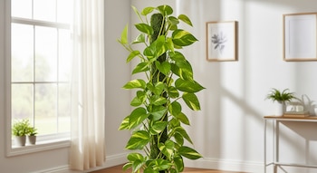 Una planta potos con hojas verdes y amarillas sube por un tutor de musgo en una habitación luminosa. Hay una ventana grande a la izquierda y un mueble con cuadros a la derecha.