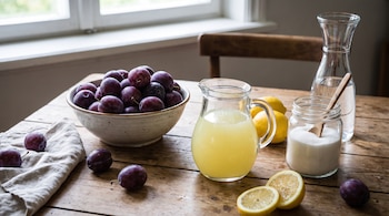 Un cuenco con ciruelas moradas, una jarra con zumo, limones cortados, un frasco con azúcar y una jarra de agua sobre una mesa de madera.