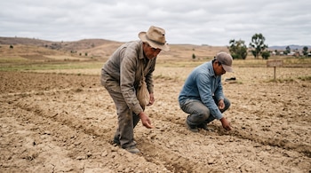 Un hombre con sombrero de paja y otro con gorra depositan granos en la tierra agrietada de un campo.