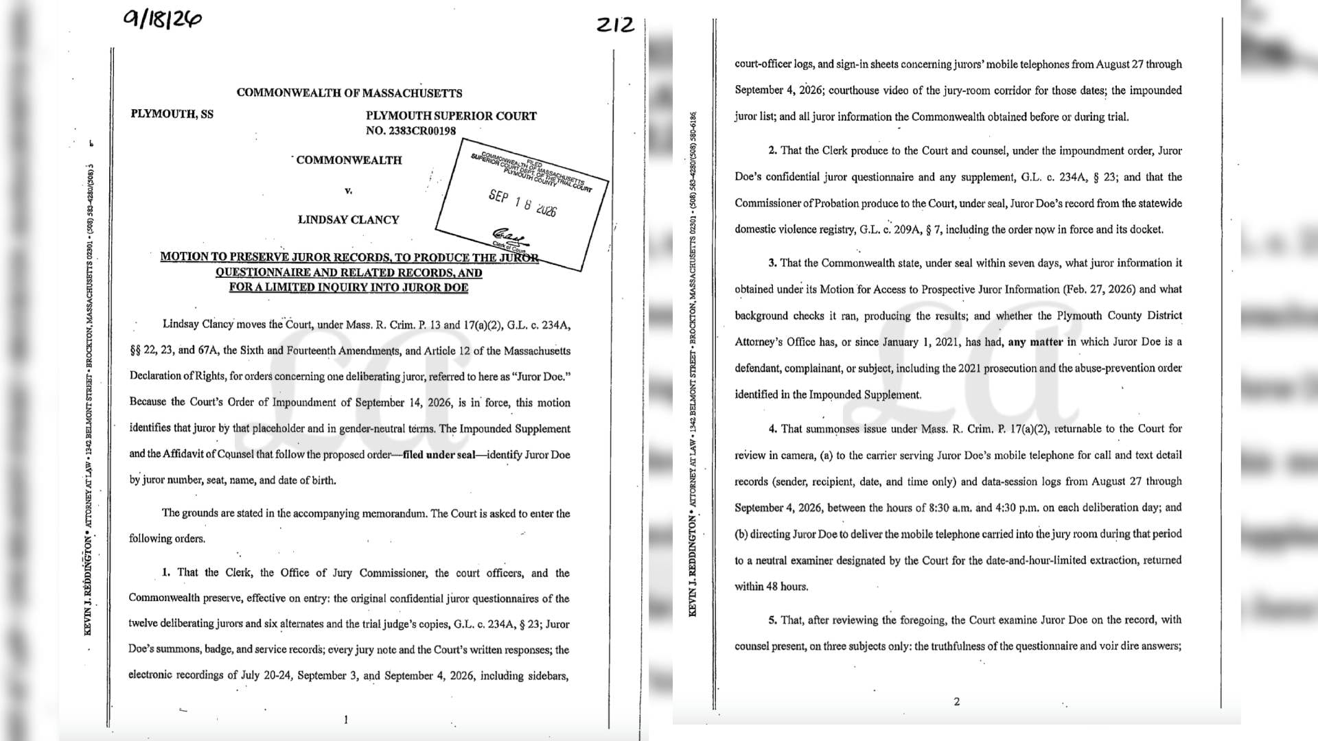 Un documento del Tribunal Superior de Plymouth en Massachusetts detalla una moción presentada en el caso penal contra Lindsay Clancy. ( Expediente judicial del Tribunal Superior de Plymouth, Massachusetts)