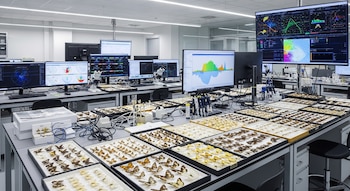 Laboratorio con varias mesas, bandejas con mariposas, computadoras y múltiples monitores. Los monitores muestran gráficas y mapas de datos.