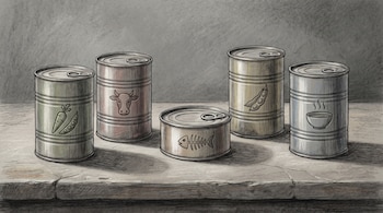 Cinco latas metálicas cerradas con iconos que representan verduras, carne, pescado, legumbres y sopa, sobre una superficie de piedra.