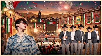 Composición digital con cantantes de música regional, una arena de lucha libre, banderas de México, confeti y un palacio municipal iluminado.