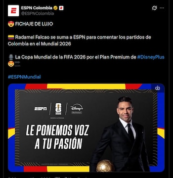 Radamel Falcao García debuta como comentarista para ESPN y Disney+ Plan Premium durante la Copa Mundial FIFA 2026 - crédito @ESPNColombia / X