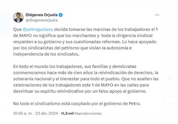 Líderes sindicales, como Diógenes Orjuela, usaron sus redes sociales para expresar su descontento con el presidente Gustavo Petro - crédito @diogenesorjuela/X