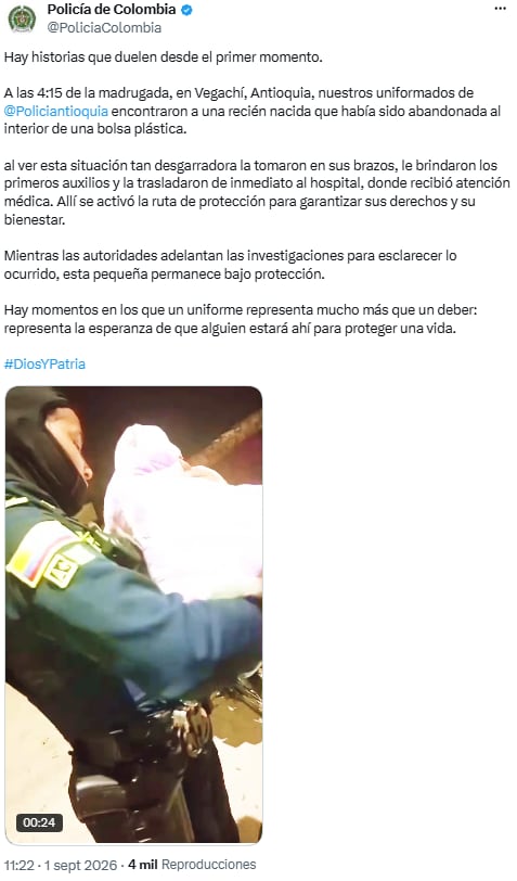 Autoridades investigan quién abandonó a la recién nacida - crédito @PoliciaColombia/X