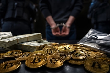 Monedas de Bitcoin, fajos de dólares y una bolsa transparente sobre una mesa ante una persona esposada.