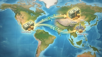 Mapa mundial con fajos de billetes y monedas en Guatemala, conectados por flechas con signos de dólar hacia China y Hong Kong.
