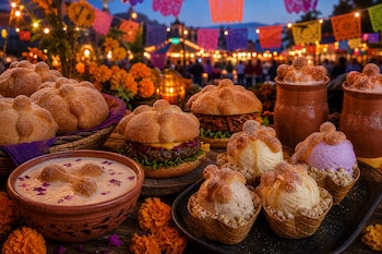 Una mesa con hamburguesas hechas con pan de muerto, helados, tazones de barro con pulque, piezas de pan tradicional y flores de cempasúchil.