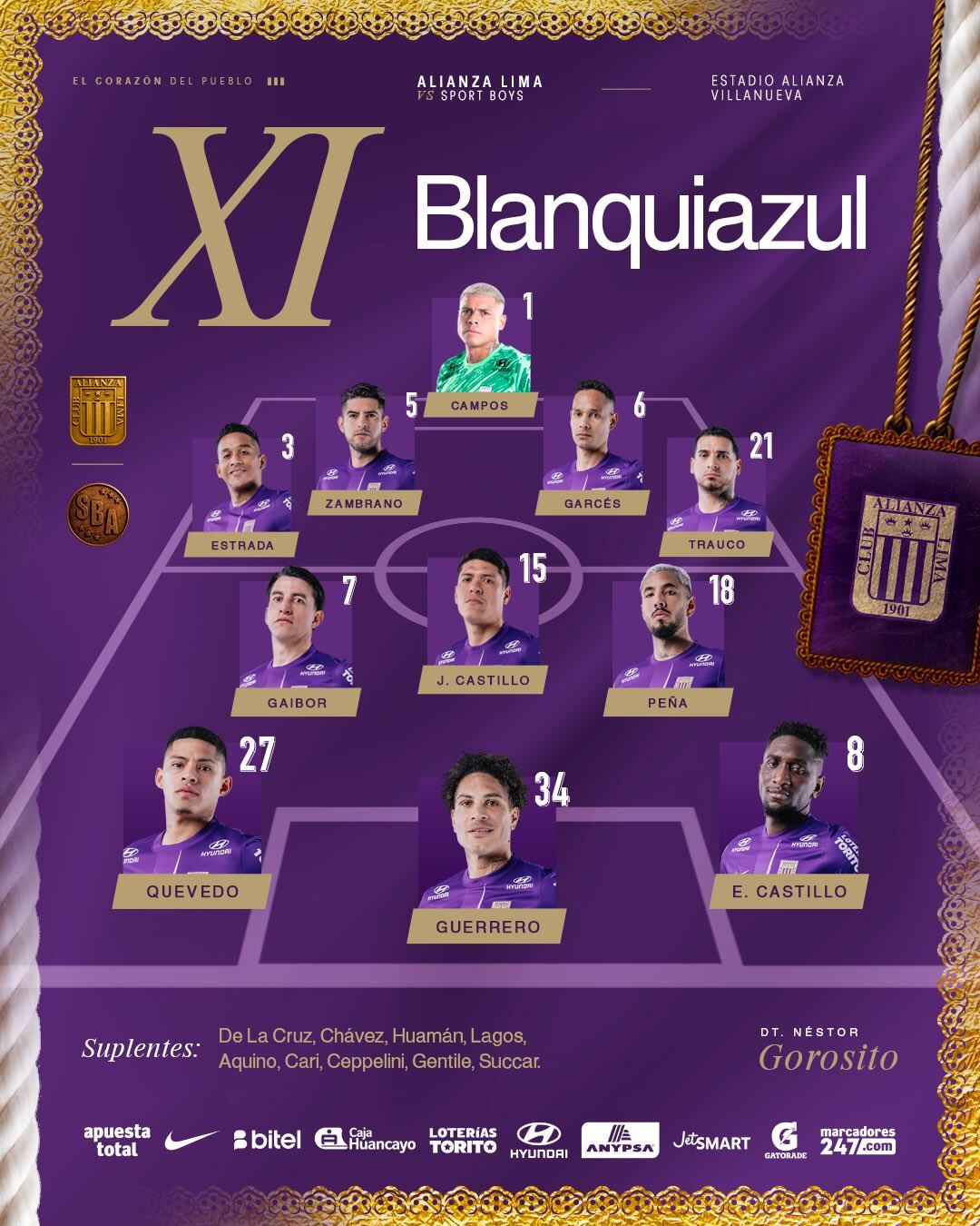 Once de Alianza Lima para el duelo ante Sport Boys.