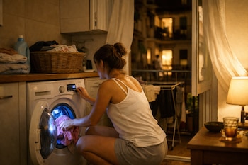 Mujer de espaldas, con top blanco y shorts, se agacha frente a una lavadora blanca abierta metiendo ropa. Al fondo, una ventana abierta a un patio de vecinos iluminado.