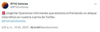 ‘Hackers’ atacaron la cuenta de X de RTVC-Colombia