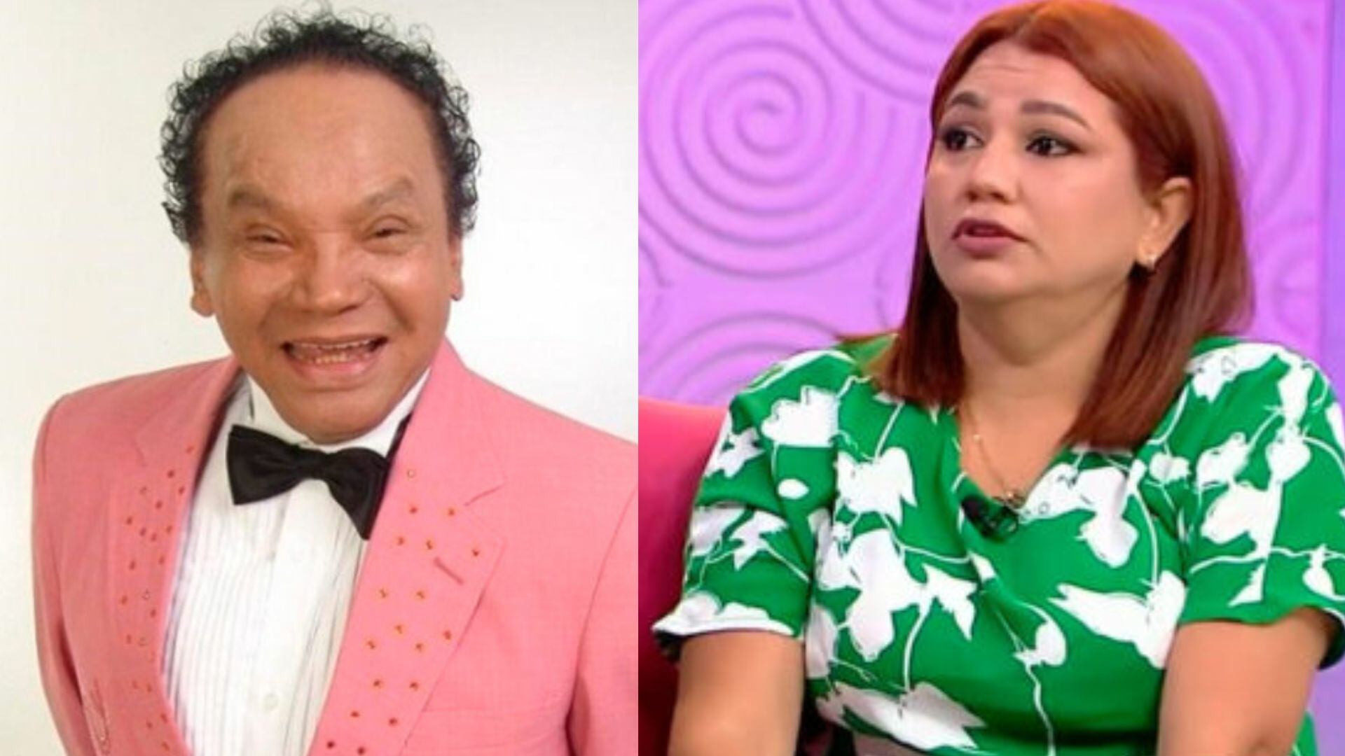 El cómico Melcochita sonríe mientras en otra toma Monserrat Seminario aparece en una entrevista, sobre las declaraciones donde Melcochita afirma que ella le pidió perdón.