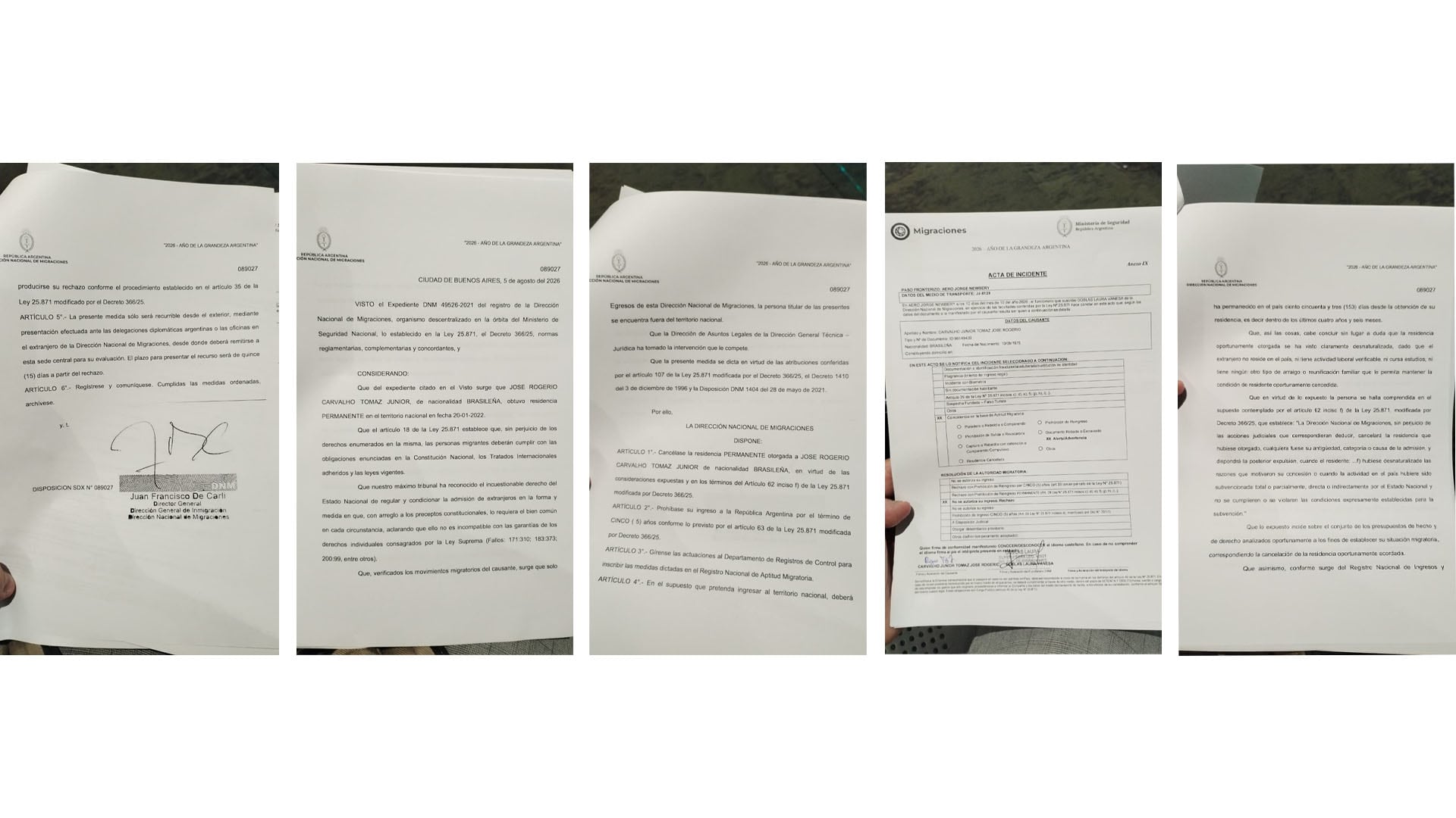 La Dirección Nacional de Migraciones de Argentina emite disposiciones oficiales que disponen la cancelación de la residencia permanente de un ciudadano extranjero.