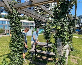 Dos hombres bajo una pérgola de madera con hiedra, junto a una mesa de pícnic con papeles y dos trípodes, con césped y edificios modernos