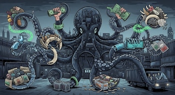 Ilustración de un pulpo gigante de ciudad; sus tentáculos sostienen dinero, marfil, medicamentos, un arma, cajas y un brazo robótico con pantalla. Un camión con personas.