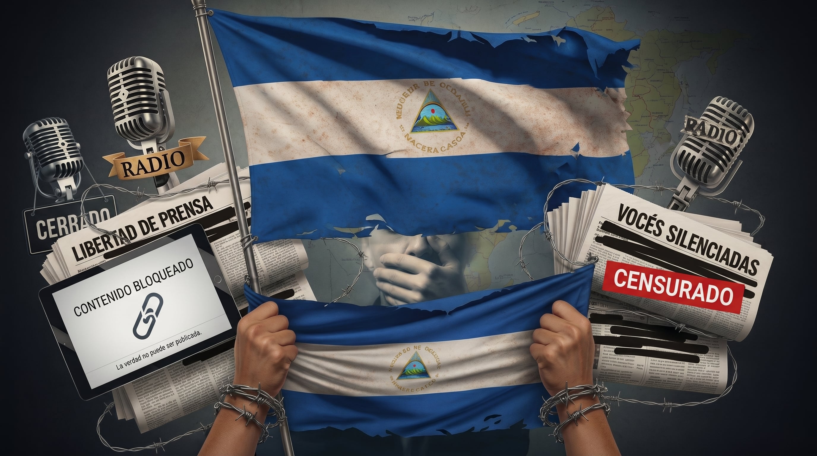 Una representación conceptual de la censura en Nicaragua, mostrando una bandera desgarrada, manos atadas con alambre de púas, y medios de comunicación silenciados, incluyendo radio, prensa y plataformas digitales. (Imagen Ilustrativa Infobae)