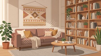 Ilustración de un salón con sofá, cojines, alfombra, estantería con libros, plantas y líneas que representan ondas sonoras.