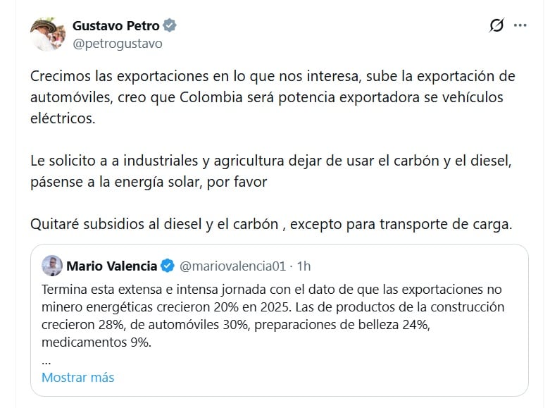 Gustavo Petro, presidente de Colombia, dijo que quitará los subsidios al diésel y al carbón - crédito @PetroGustavo/X