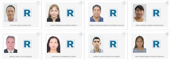 Ocho fotografías de tipo carné de candidatos a diputados. Cada imagen muestra la cabeza y hombros de una persona con un fondo blanco, junto a un logo "R" azul