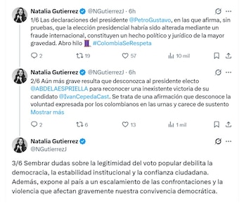 Natalia Gutiérrez, presidenta del Consejo Gremial, anotó que Gustavo Petro desconoce la voluntad expresada por los colombianos en las urnas y carece de sustento democrático - crédito @NGutierrezJ/X