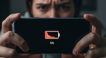 Manos sostienen un smartphone Android horizontal que muestra un ícono rojo de batería baja con 5% en pantalla oscura. Una persona con ceño fruncido está en el fondo.