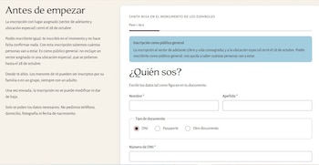 Captura de pantalla de un formulario web con instrucciones de registro y campos para completar nombre, apellido y documento de identidad