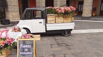 Una camioneta de reparto blanca con caja de carga transporta múltiples cajas de madera llenas de flores rosas y verdes. Un cartel dice 'Flores La Mañanera'.