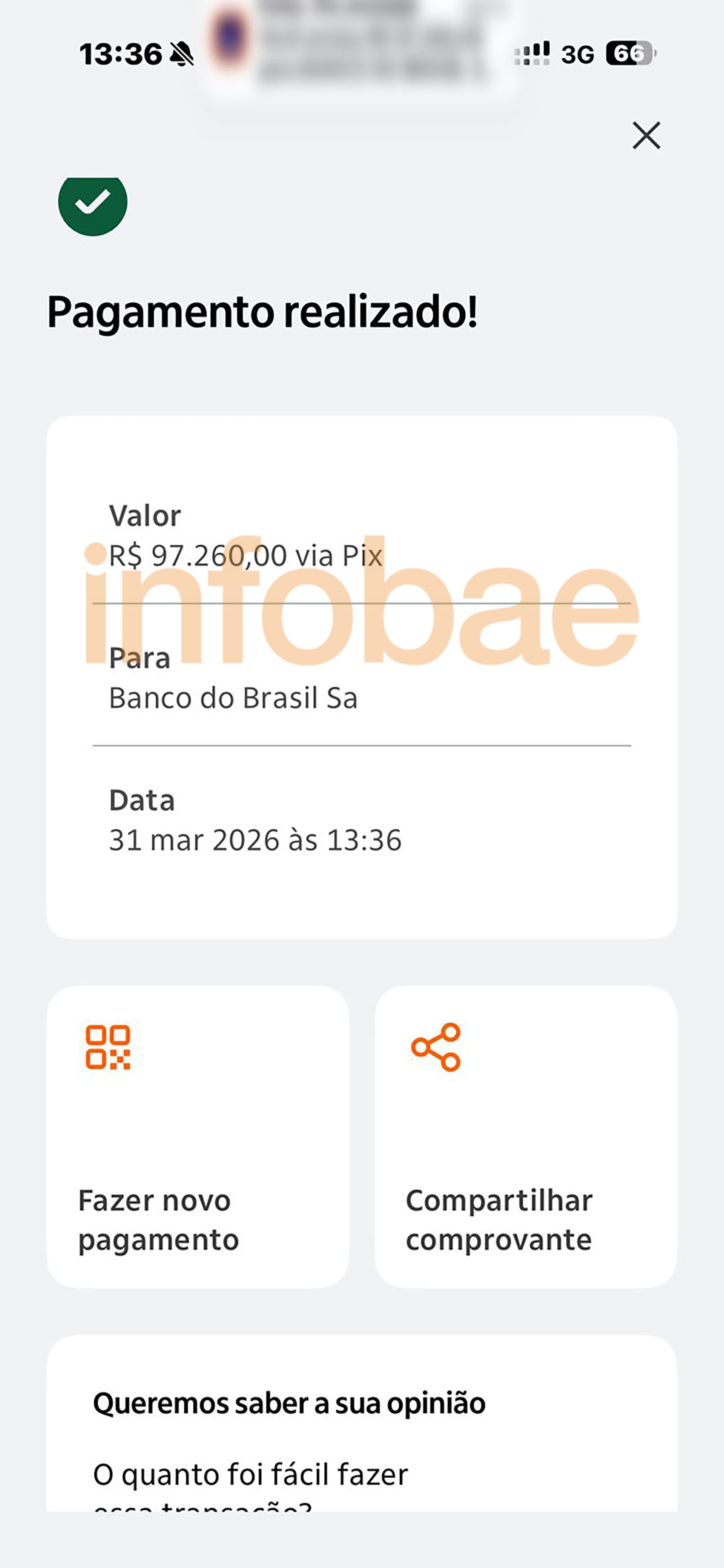Pantallazo de la confirmación del pago de R$ 97.260,00 realizado a través de Pix al Banco do Brasil por Agostina Páez para cubrir su fianza y facilitar su retorno a Argentina.