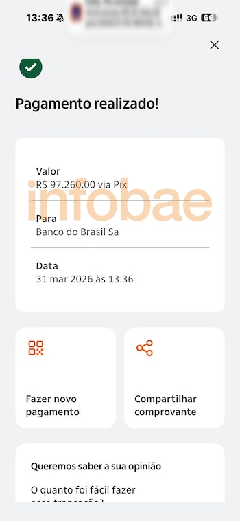 Captura de pantalla de un celular mostrando una confirmación de pago de R$ 97.260,00 vía Pix al Banco do Brasil, con fecha 31 de marzo de 2026