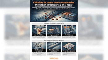 Infografía sobre chinches de cama. Muestra insectos en cama, maleta, sofá y asientos de transporte. Lupas detallan manchas, película y punto rojo en tela.