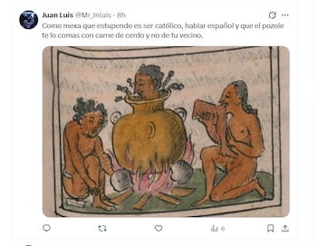 Publicación de X con texto sobre comer pozole, junto a una ilustración antigua de personas alrededor de una olla puesta sobre un fuego