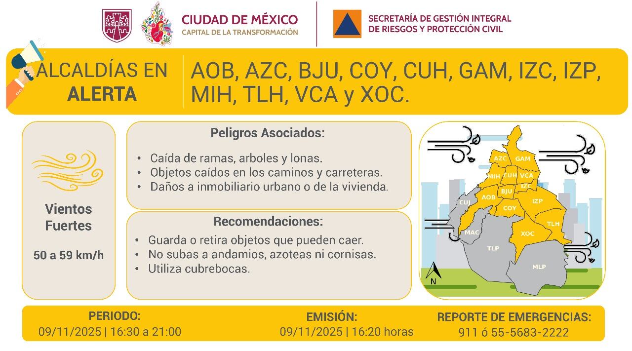 Estas alcaldías de CDMX registrarán fuertes vientos para la tarde y noche de este domingo 9 de noviembre. Foto: X/@SGIRPC_CDMX.