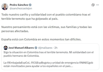 Pedro Sánchez, presidente del Gobierno de España, afirmó que "España está con Colombia en estos momentos tan difíciles" - crédito @SanchezCastejon/X