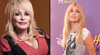 Dos retratos divididos por una línea vertical, con Dolly Parton a la izquierda y Miley Cyrus a la derecha.