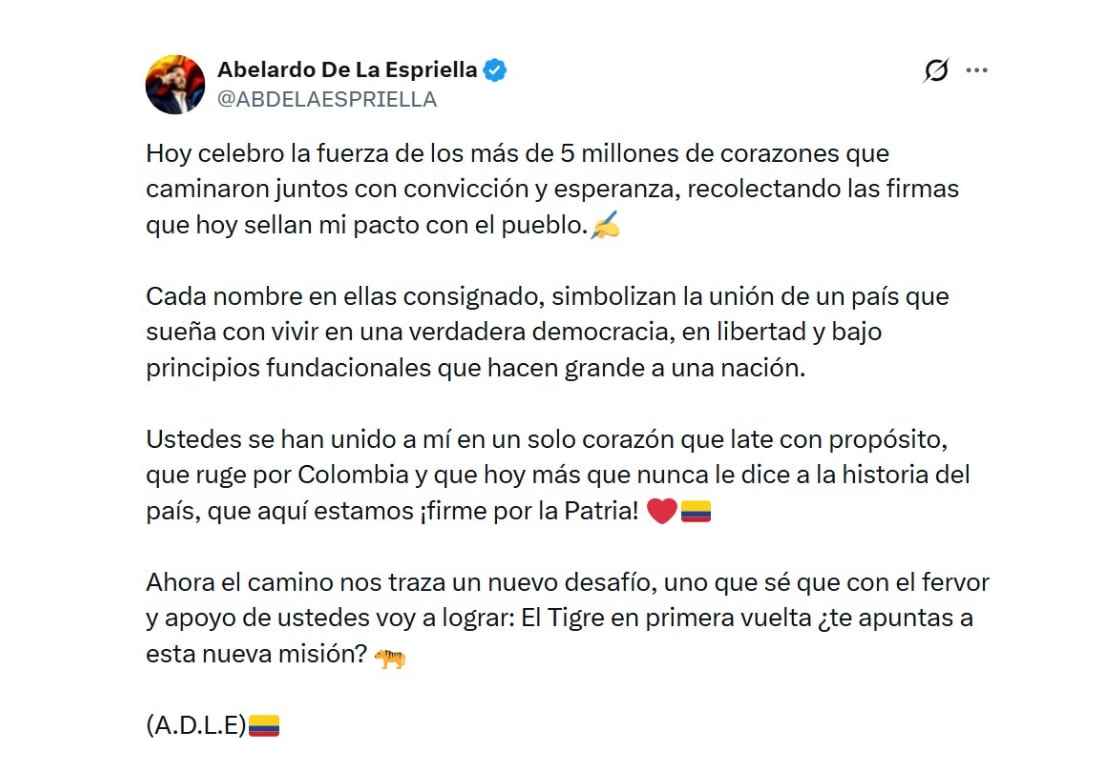 Abelardo de la Espriella festejó el respaldo de más de 5 millones de ciudadanos que apoyaron su candidatura presidencial - crédito @ABELAESPRIELLA/X