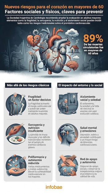 Infografía sobre nuevos riesgos cardíacos en mayores de 60 con ilustraciones de un corazón, personas de edad, huesos rotos, músculos, píldoras, casa y cerebros.