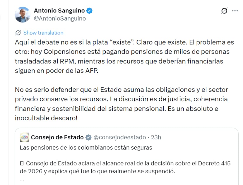 El ministro aseguró que los fondos privados continúan administrando recursos que, según el Gobierno, deberían financiar las pensiones de quienes ya se trasladaron al régimen público - crédito @AntonioSanguino/X