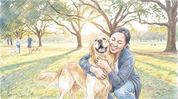 Ilustración de una mujer arrodillada abrazando a un perro golden retriever en un parque. Hay árboles, césped y personas paseando con perros en el fondo.