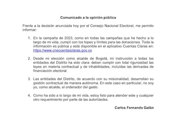Carlos Fernando Galán se pronunció tras indagación preliminar del CNE