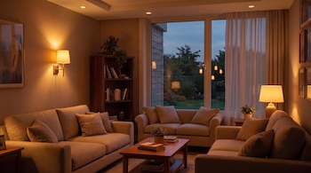 Sala de estar con dos sofás, una mesa de centro, una estantería con libros, lámparas de pared y de mesa, y una ventana que da a un jardín.